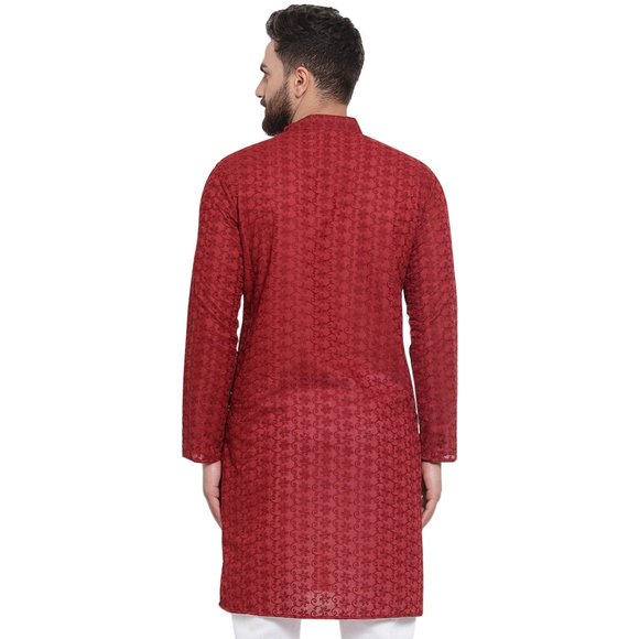 Designer Maroon Cotton Chikankari Lucknowi Jaal Embroidered Kurta for Men - Picture 2 of 5